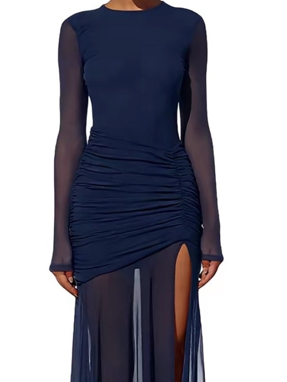 Women's Navy Long Sleeve Ruched Sheer Skirt Dress